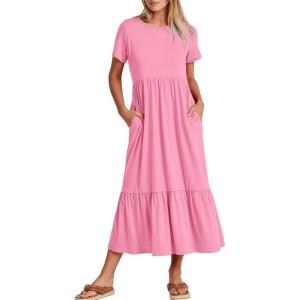 imageANRABESS Womens 2026 Summer Casual Maxi Dress A line Tiered Flowy Short Sleeve Crewneck T Shirt Beach Travel Long DressesPink