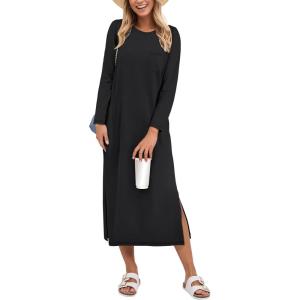 imageANRABESS Womens 34 Sleeve Striped Slit Midi T Shirt Dresses 2026 Summer Casual Beach Vacation Clothes Spring Travel SundressBlack