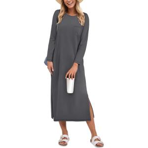 imageANRABESS Womens 34 Sleeve Striped Slit Midi T Shirt Dresses 2026 Summer Casual Beach Vacation Clothes Spring Travel SundressGray