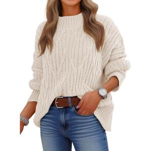 imageANRABESS Womens Mock Turtle Neck Sweaters Cable Knit Long Sleeve 2026 Fall Winter Tunic SweaterBeige