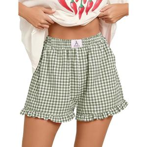 imageANRABESS Womens Ruffle Boxer Shorts Pajama Gingham Shorts Summer Casual Lounge Sleep Plaid Beach Bottoms Pockets 2026 TrendyArmy Green White Plaid