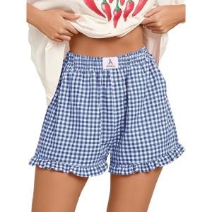 imageANRABESS Womens Ruffle Boxer Shorts Pajama Gingham Shorts Summer Casual Lounge Sleep Plaid Beach Bottoms Pockets 2026 TrendyBlue White Plaid