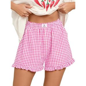 imageANRABESS Womens Ruffle Boxer Shorts Pajama Gingham Shorts Summer Casual Lounge Sleep Plaid Beach Bottoms Pockets 2026 TrendyHot Pink White Plaid