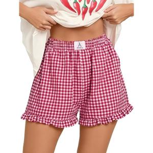 imageANRABESS Womens Ruffle Boxer Shorts Pajama Gingham Shorts Summer Casual Lounge Sleep Plaid Beach Bottoms Pockets 2026 TrendyRed White Plaid