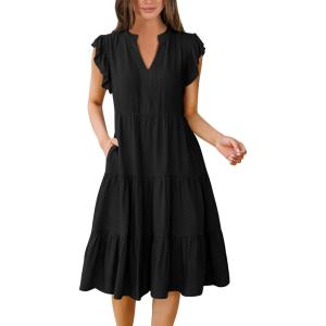 imageANRABESS Womens Summer Casual Dress V Neck Ruffle Sleeve Midi Dresses 2026 Trendy Flowy Tiered Boho Beach Vacation SundressBlack