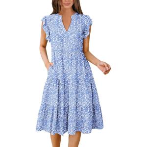 imageANRABESS Womens Summer Casual Dress V Neck Ruffle Sleeve Midi Dresses 2026 Trendy Flowy Tiered Boho Beach Vacation SundressBlue White Floral