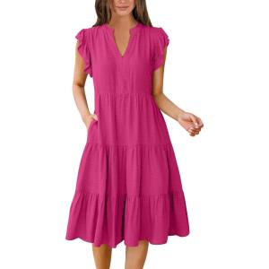 imageANRABESS Womens Summer Casual Dress V Neck Ruffle Sleeve Midi Dresses 2026 Trendy Flowy Tiered Boho Beach Vacation SundressHot Pink