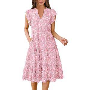 imageANRABESS Womens Summer Casual Dress V Neck Ruffle Sleeve Midi Dresses 2026 Trendy Flowy Tiered Boho Beach Vacation SundressPink Floral