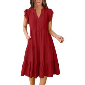 imageANRABESS Womens Summer Casual Dress V Neck Ruffle Sleeve Midi Dresses 2026 Trendy Flowy Tiered Boho Beach Vacation SundressRed