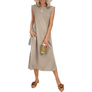 imageANRABESS Womens Summer Casual Midi Dress Sleeveless Crewneck Loose Split WrinkleFree Beach Travel Vacation Long SundressAlmond