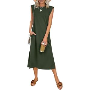 imageANRABESS Womens Summer Casual Midi Dress Sleeveless Crewneck Loose Split WrinkleFree Beach Travel Vacation Long SundressArmy Green