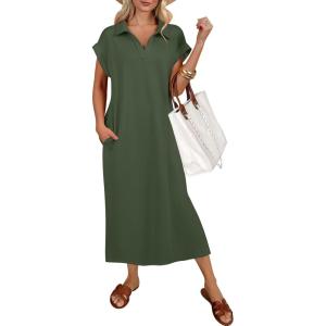 imageANRABESS Womens Summer Casual Midi Dresses Short Sleeve Polo V Neck Loose Split WrinkleFree Beach Travel Vacation Maxi DressArmy Green