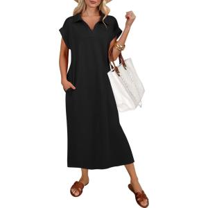 imageANRABESS Womens Summer Casual Midi Dresses Short Sleeve Polo V Neck Loose Split WrinkleFree Beach Travel Vacation Maxi DressBlack