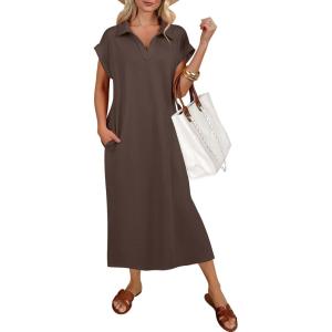 imageANRABESS Womens Summer Casual Midi Dresses Short Sleeve Polo V Neck Loose Split WrinkleFree Beach Travel Vacation Maxi DressBrown