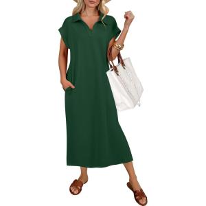 imageANRABESS Womens Summer Casual Midi Dresses Short Sleeve Polo V Neck Loose Split WrinkleFree Beach Travel Vacation Maxi DressForest Green