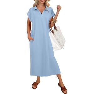 imageANRABESS Womens Summer Casual Midi Dresses Short Sleeve Polo V Neck Loose Split WrinkleFree Beach Travel Vacation Maxi DressLight Blue
