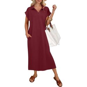 imageANRABESS Womens Summer Casual Midi Dresses Short Sleeve Polo V Neck Loose Split WrinkleFree Beach Travel Vacation Maxi DressWine Red
