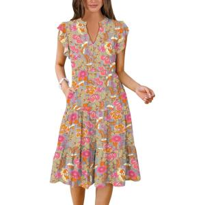 imageANRABESS Womens Summer Dress Ruffle Sleeve V Neck Midi Dresses Fashion Casual Fit Flowy Tiered Boho Beach Vacation SundressGrey Pink Floral