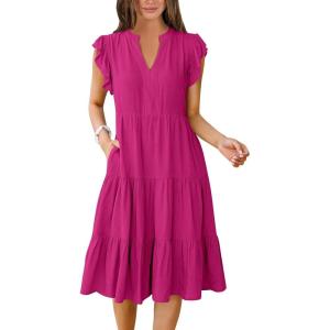 imageANRABESS Womens Summer Dress Ruffle Sleeve V Neck Midi Dresses Fashion Casual Fit Flowy Tiered Boho Beach Vacation SundressHot Pink