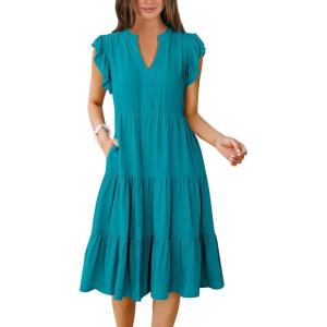 imageANRABESS Womens Summer Dress Ruffle Sleeve V Neck Midi Dresses Fashion Casual Fit Flowy Tiered Boho Beach Vacation SundressLake Green