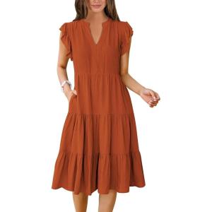 imageANRABESS Womens Summer Dress Ruffle Sleeve V Neck Midi Dresses Fashion Casual Fit Flowy Tiered Boho Beach Vacation SundressOrange Rust