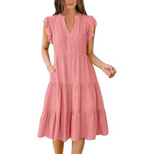 imageANRABESS Womens Summer Dress Ruffle Sleeve V Neck Midi Dresses Fashion Casual Fit Flowy Tiered Boho Beach Vacation SundressPeach