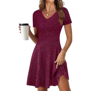 imageANRABESS Womens Summer Dresses Casual Short Sleeve Ribbed Knit V Neck Swing ALine 2026 Spring Vacation Tunics Short DressBurgundy