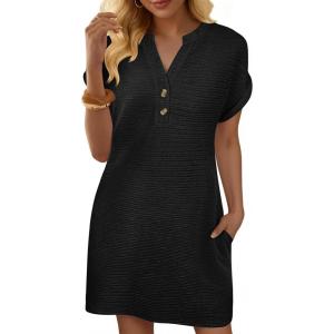 imageANRABESS Womens Summer Dresses Casual Short Sleeve V Neck Textured Cute Mini Tshirt Dress 2026 Spring Beach Shift SundressBlack