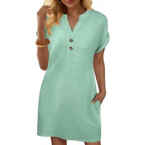 imageANRABESS Womens Summer Dresses Casual Short Sleeve V Neck Textured Cute Mini Tshirt Dress 2026 Spring Beach Shift SundressLight Green