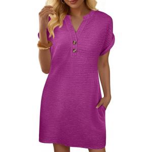 imageANRABESS Womens Summer Dresses Casual Short Sleeve V Neck Textured Cute Mini Tshirt Dress 2026 Spring Beach Shift SundressPurple Red