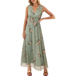 imageANRABESS Womens Summer Floral Dress V Neck Sleeveless Flowy Wedding Guest Maxi Tulle Dresses Casual Beach Vacation ClothesFloral Green