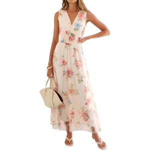 imageANRABESS Womens Summer Floral Dress V Neck Sleeveless Flowy Wedding Guest Maxi Tulle Dresses Casual Beach Vacation ClothesMulticolored Rose Apricot