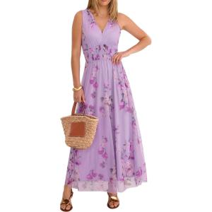 imageANRABESS Womens Summer Floral Dress V Neck Sleeveless Flowy Wedding Guest Maxi Tulle Dresses Casual Beach Vacation ClothesPurple Rose