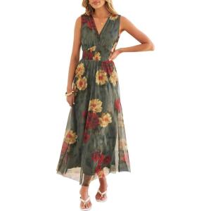 imageANRABESS Womens Summer Floral Dress V Neck Sleeveless Flowy Wedding Guest Maxi Tulle Dresses Casual Beach Vacation ClothesRed Yellow Rose