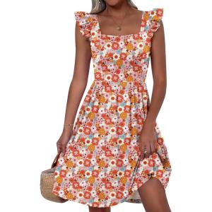 imageANRABESS Womens Summer Short Dress 2026 Square Neck Sleeveless A Line Ruffled Wedding Casual Cute Teen Beach Mini SundressOrange Floral