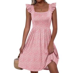 imageANRABESS Womens Summer Short Dress 2026 Square Neck Sleeveless A Line Ruffled Wedding Casual Cute Teen Beach Mini SundressPink Floral