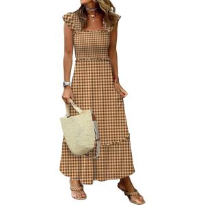 imageANRABESS Womens Summer Sleeveless Maxi Dress Square Neck Smocked Boho Casual Ruffle Strap Flowy ALine Long Beach SundressKhaki Plaid