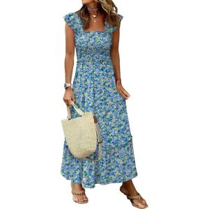 imageANRABESS Womens Summer Sleeveless Maxi Dress Square Neck Smocked Boho Casual Ruffle Strap Flowy ALine Long Beach SundressPrint Blue Yellow Floral