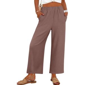 imageANRABESS Womens Wide Leg Cropped Pants Elastic Waist Lounge Summer Palazzo Pants Beach Vacation Spring Trousers with PocketsBrown
