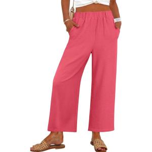 imageANRABESS Womens Wide Leg Cropped Pants Elastic Waist Lounge Summer Palazzo Pants Beach Vacation Spring Trousers with PocketsCoral