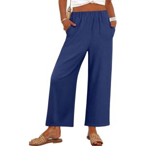 imageANRABESS Womens Wide Leg Cropped Pants Elastic Waist Lounge Summer Palazzo Pants Beach Vacation Spring Trousers with PocketsNavy Blue