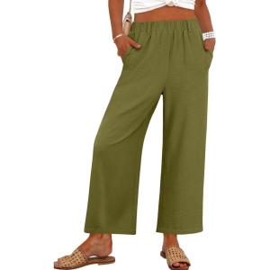 imageANRABESS Womens Wide Leg Cropped Pants Elastic Waist Lounge Summer Palazzo Pants Beach Vacation Spring Trousers with PocketsOlive Green