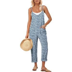 imageANRABESS Women Jumpsuits Casual Summer Overalls Loose Spaghetti Strap Romper Jumpers with Pockets 2026 Beach Vacation ClothesBlue White Floral