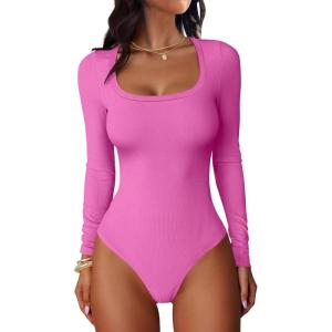 imageANRABESS Women Scoop Neck Bodysuits Long Sleeve Tops 2025 Fall Slim Fit Ribbed Knit Sexy Soft Basic Shirts Fashion OutfitsHot Pink