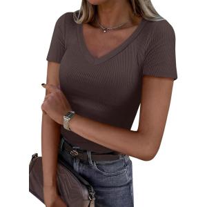 imageANRABESS Women Short Sleeve V Neck Ribbed Knit Fitted Shirts Basic Tees Tops 2026 Summer Casual TShirts Going Out OutfitsBrown
