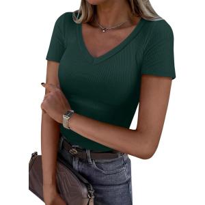 imageANRABESS Women Short Sleeve V Neck Ribbed Knit Fitted Shirts Basic Tees Tops 2026 Summer Casual TShirts Going Out OutfitsForest Green