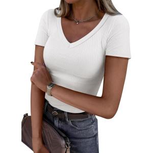 imageANRABESS Women Short Sleeve V Neck Ribbed Knit Fitted Shirts Basic Tees Tops 2026 Summer Casual TShirts Going Out OutfitsWhite