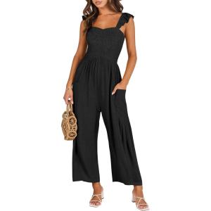 imageANRABESS Women Summer Casual Dressy Sleeveless Smocked Wide Leg Linen Jumpsuits Rompers 2026 Trendy Travel Outfit PocketBlack