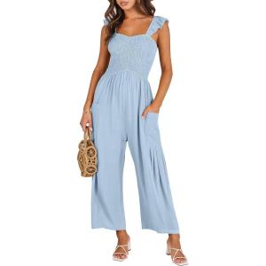 imageANRABESS Women Summer Casual Dressy Sleeveless Smocked Wide Leg Linen Jumpsuits Rompers 2026 Trendy Travel Outfit PocketBlue
