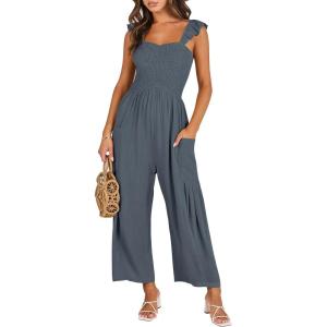 imageANRABESS Women Summer Casual Dressy Sleeveless Smocked Wide Leg Linen Jumpsuits Rompers 2026 Trendy Travel Outfit PocketDark Gray